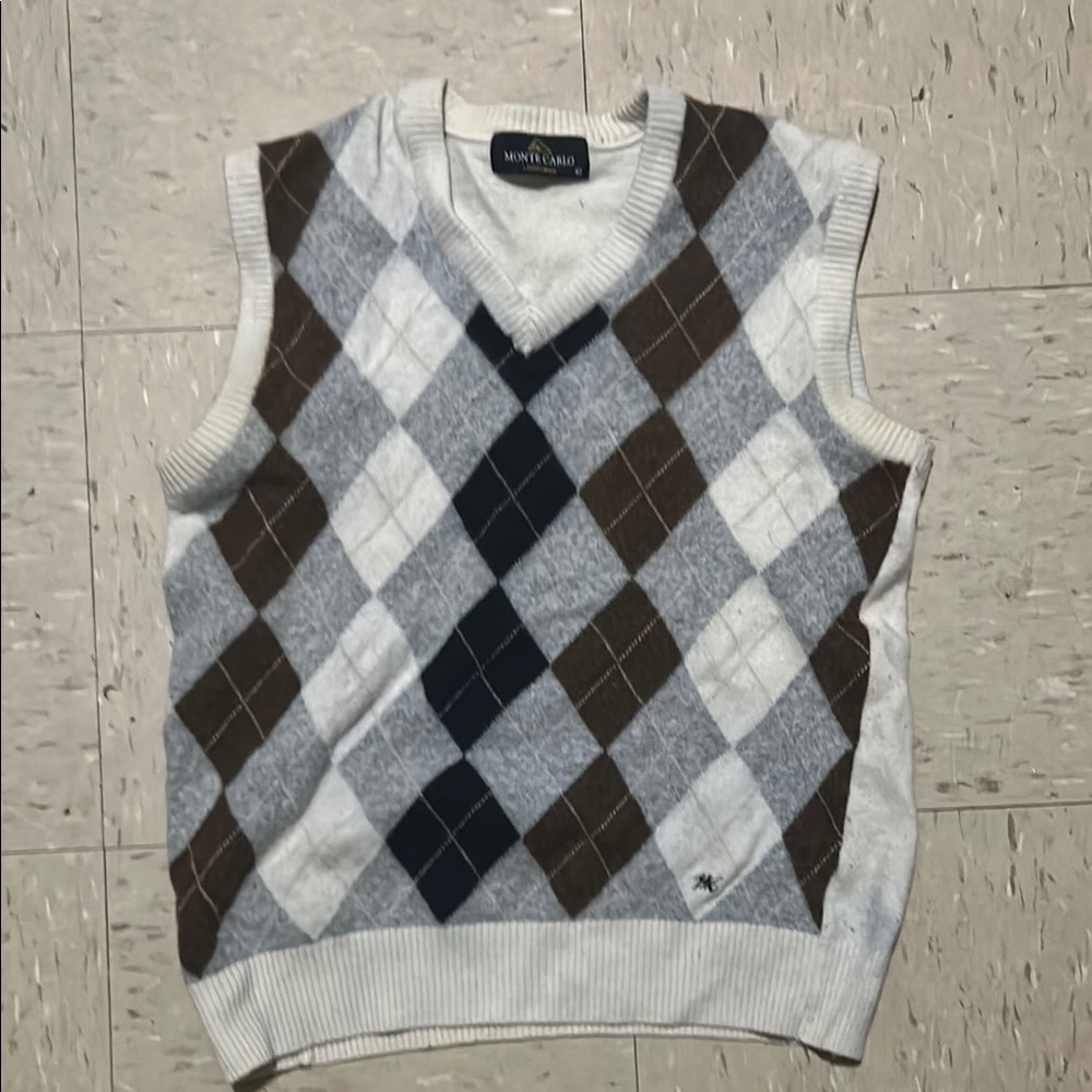 Gray and Brown V-Neck Argyle Sweater